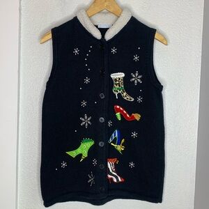Traditions Embroidered Christmas Sweater Vest Snowflakes & Holiday Heels Size S